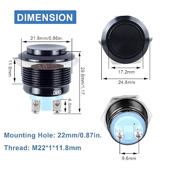 2pcs 22mm Momentary Metal Push Button Switch 7/8 Mounting Hole Screw Terminals 12V 24V 36V DC 110V 250V AC 5A 1NO Black Shell High Head