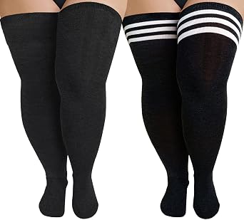 Womens Plus Size Thigh High Socks Striped Knee High Extra Long Stockings Leg Warmer
