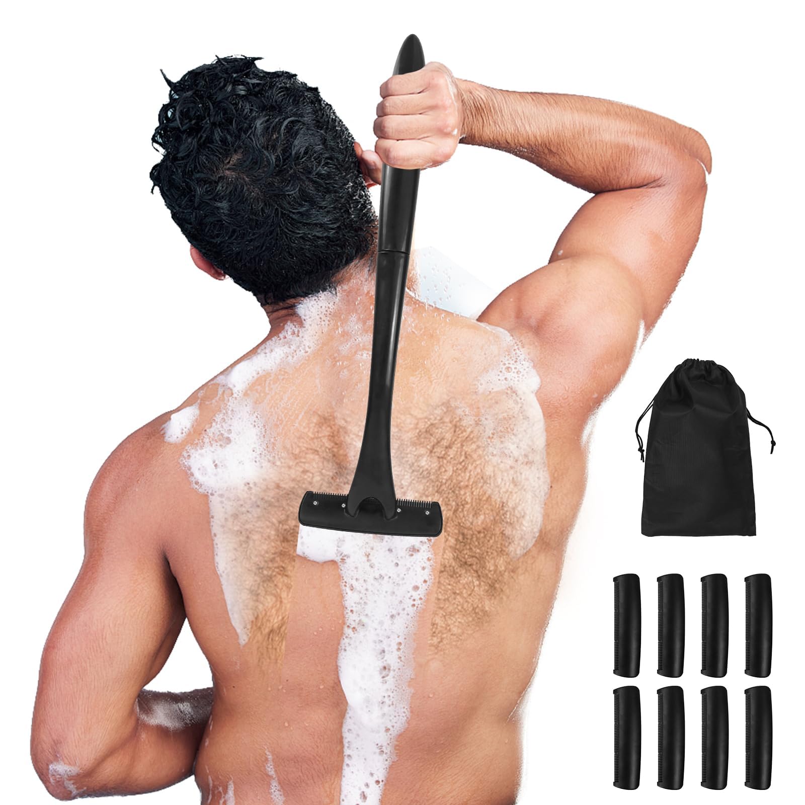 Maquinilla de afeitar de espalda para hombre, con 8 cuchillas, maquinilla de afeitar plegable para la espalda, mango ergonómico, afeitado eficaz para la espalda