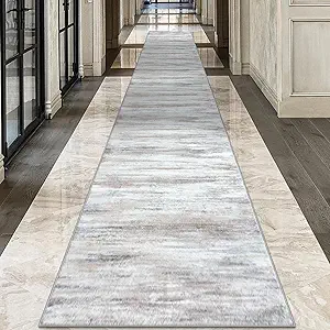 KOZYFLY Modern Abstract Kitchen Runner Rug, 2.6x18 Washable Rug Runner Non-Slip Soft Striped Hallway Runner Rugs, Beige Print Distressed Carpet Runner for Entryway Bathroom Laundry Room Foyer
