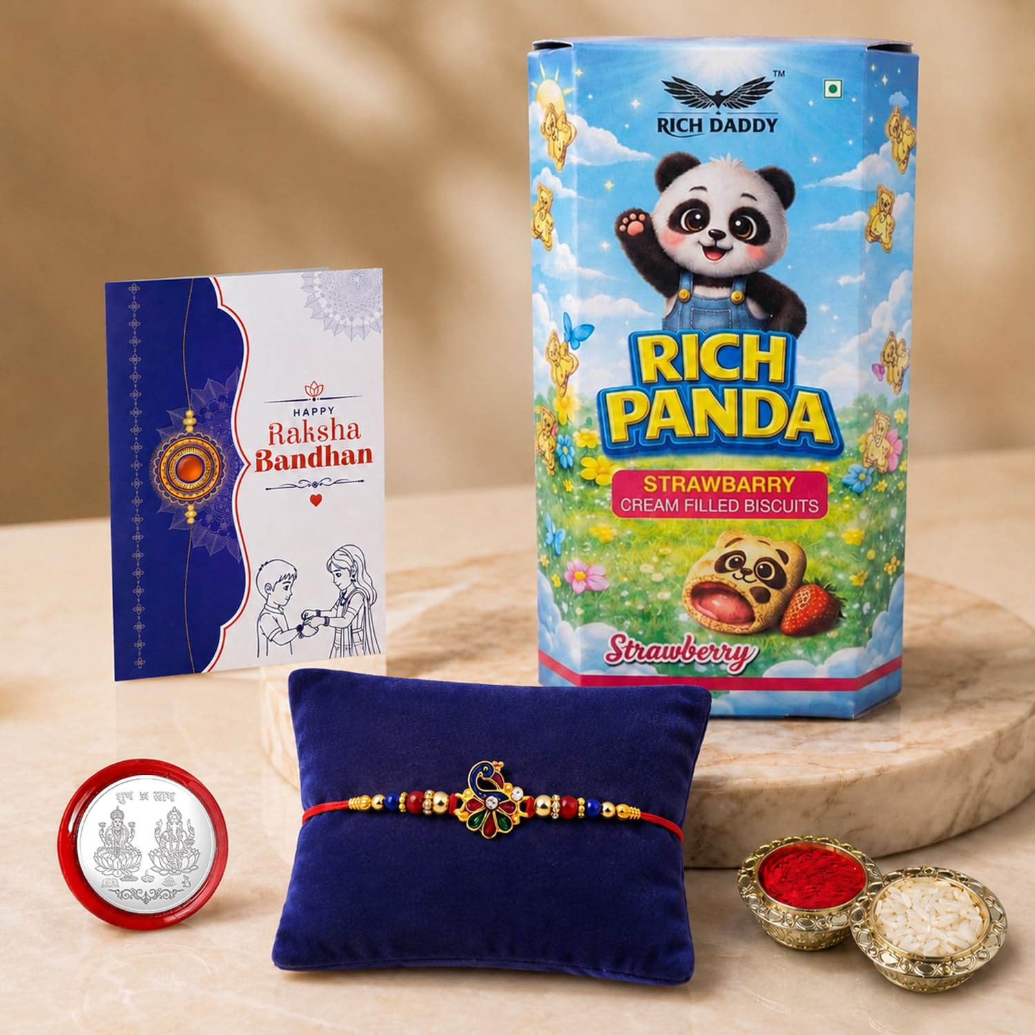 Garth Peacock Multicolor Rakhi for Brother & Bhaiya with Strawberry Cream Filled Biscuit 60gm - Raksha Bandhan Gift Set with Roli Tikka, Pooja Coin & Greeting Card, Pack of 5 (315)-image-43
