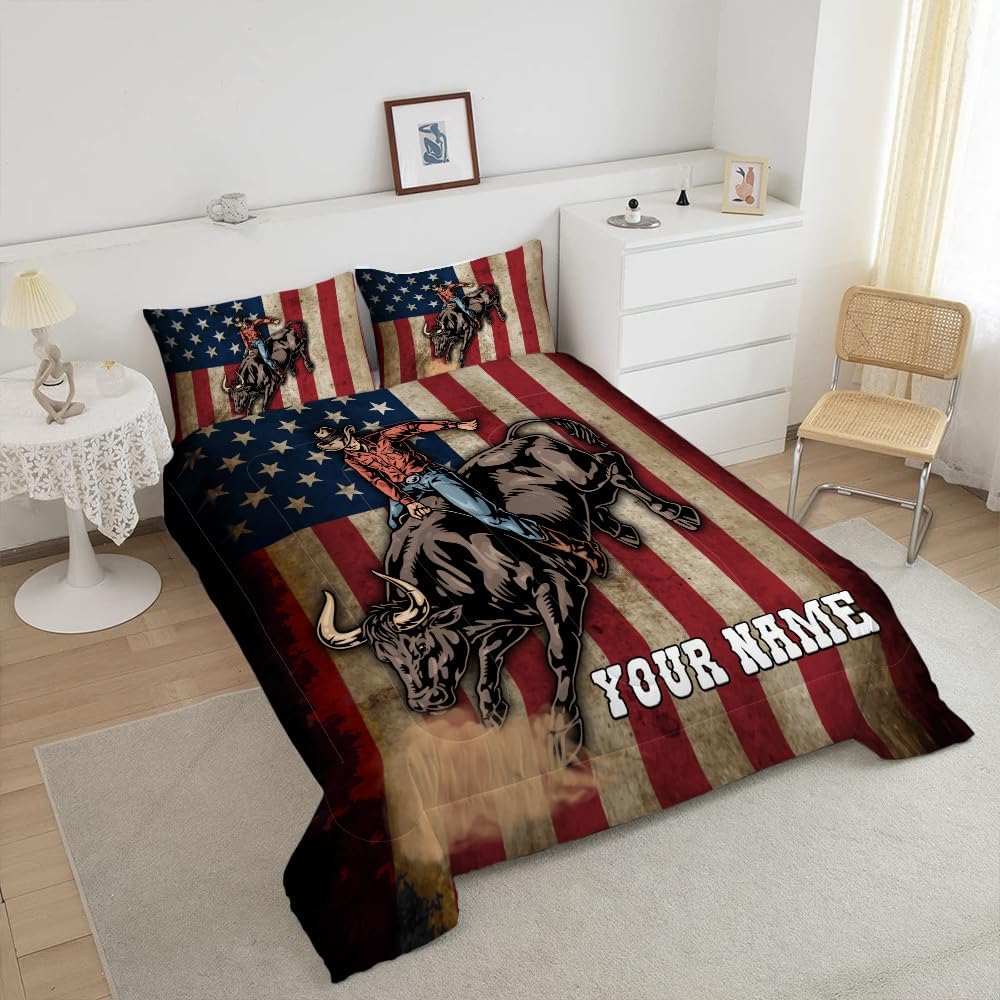 Retro Flag Rodeo Comforter, Cowboy Bedding, Cowboy Bedding Set Twin Full Queen King Western Tapestry Down Comforters Bull Rider Bedding Sets Bedspreads Rodeo Home Decor
