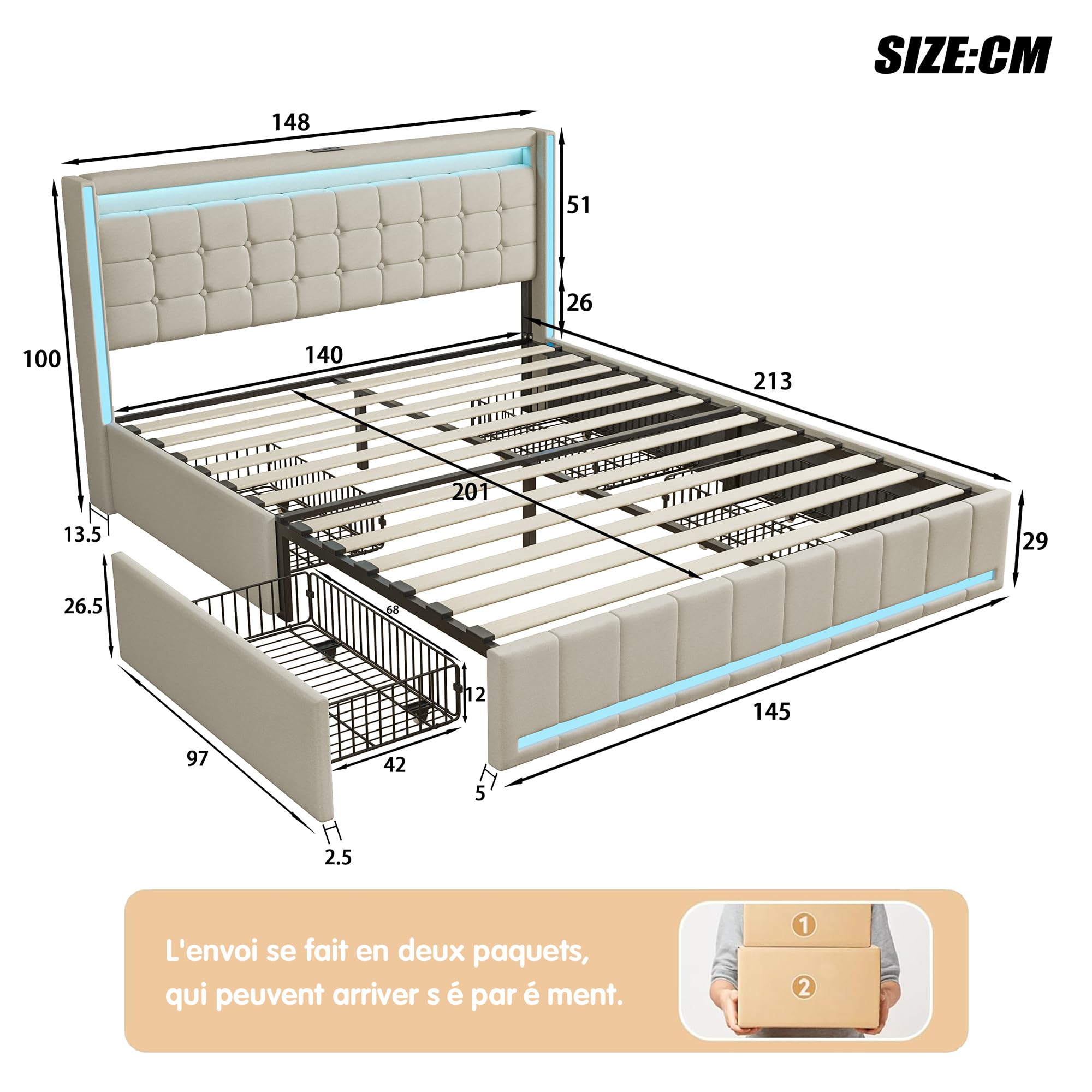 Lit Double 140x200cm avec LED et USB, Lit Rembourré avec 4 Tiroirs de Rangement, Cadre de Lit Moderne 2 Places pour Chambre Adulte et Adolescent,Beige Lin