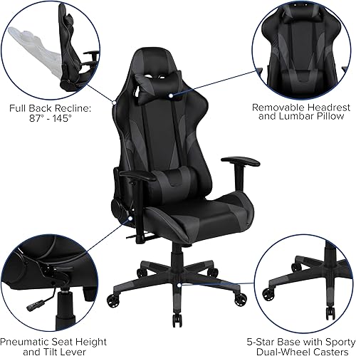 Miniatura 284 de Flash Furniture Juego de escritorio para juegos negro y silla de carreras blanco/negro con soporte para tazas, gancho para auriculares y soporte