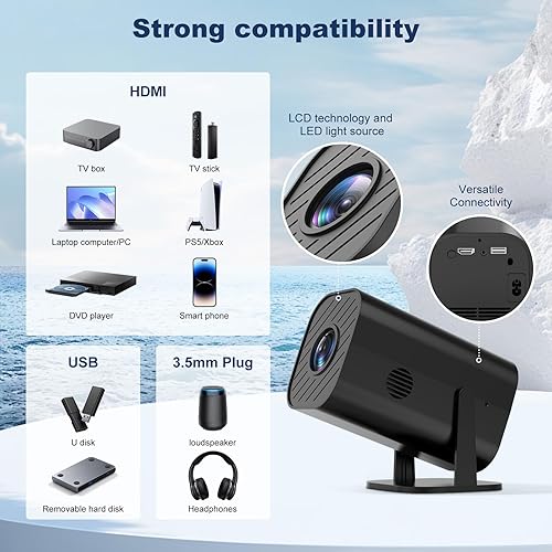 Miniatura 3 de Mini proyector de dormitorio, proyector de películas pequeñas (con Bluetooth y altavoz integrados), nativo 1080P, compatible con 4K, compatible con