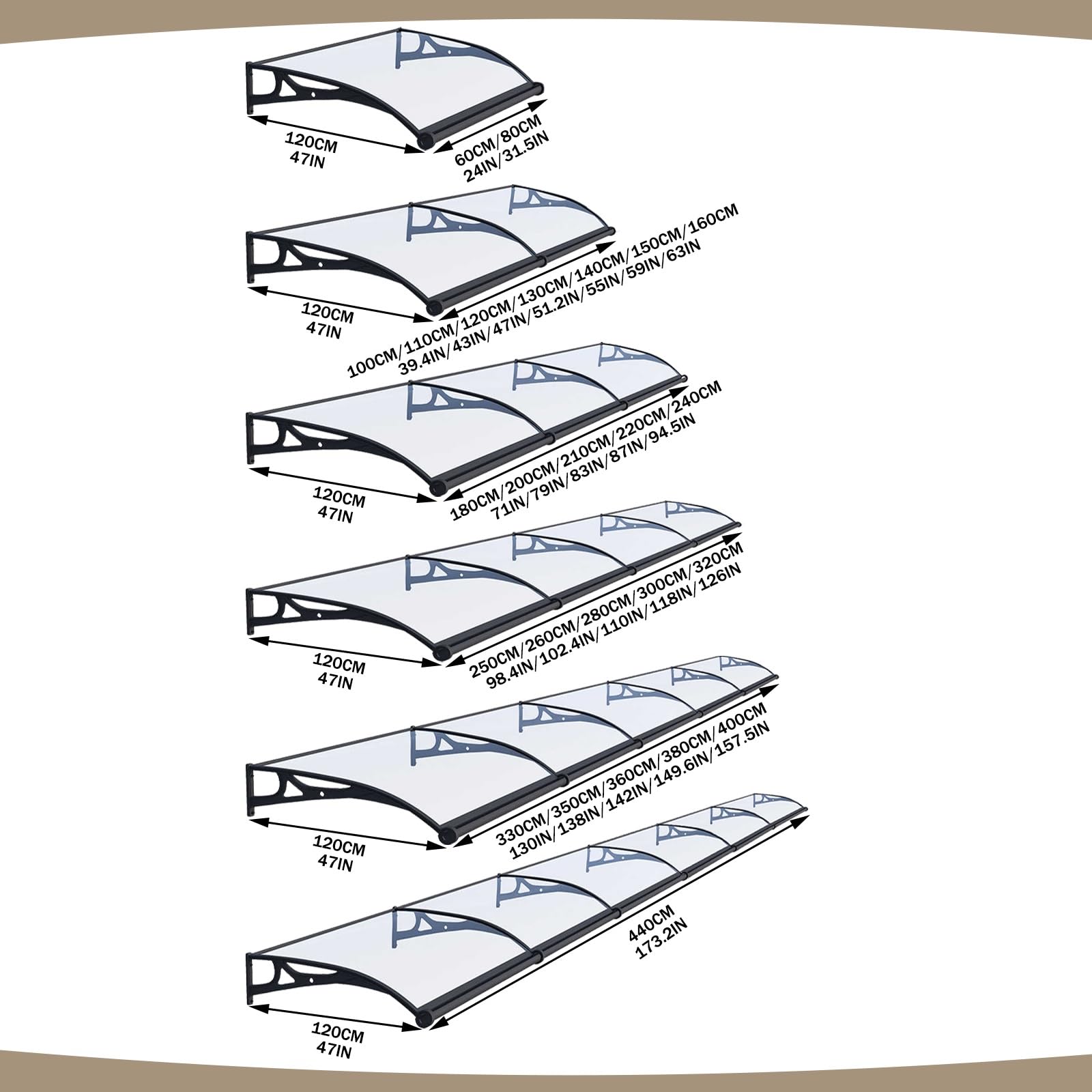 Copertura per porta esterna, riparo, pioggia, finestra, copertura per tetto pioggia, 120 cm x 330 cm, parasole superiore per case e aziende, resistente alle intemperie.