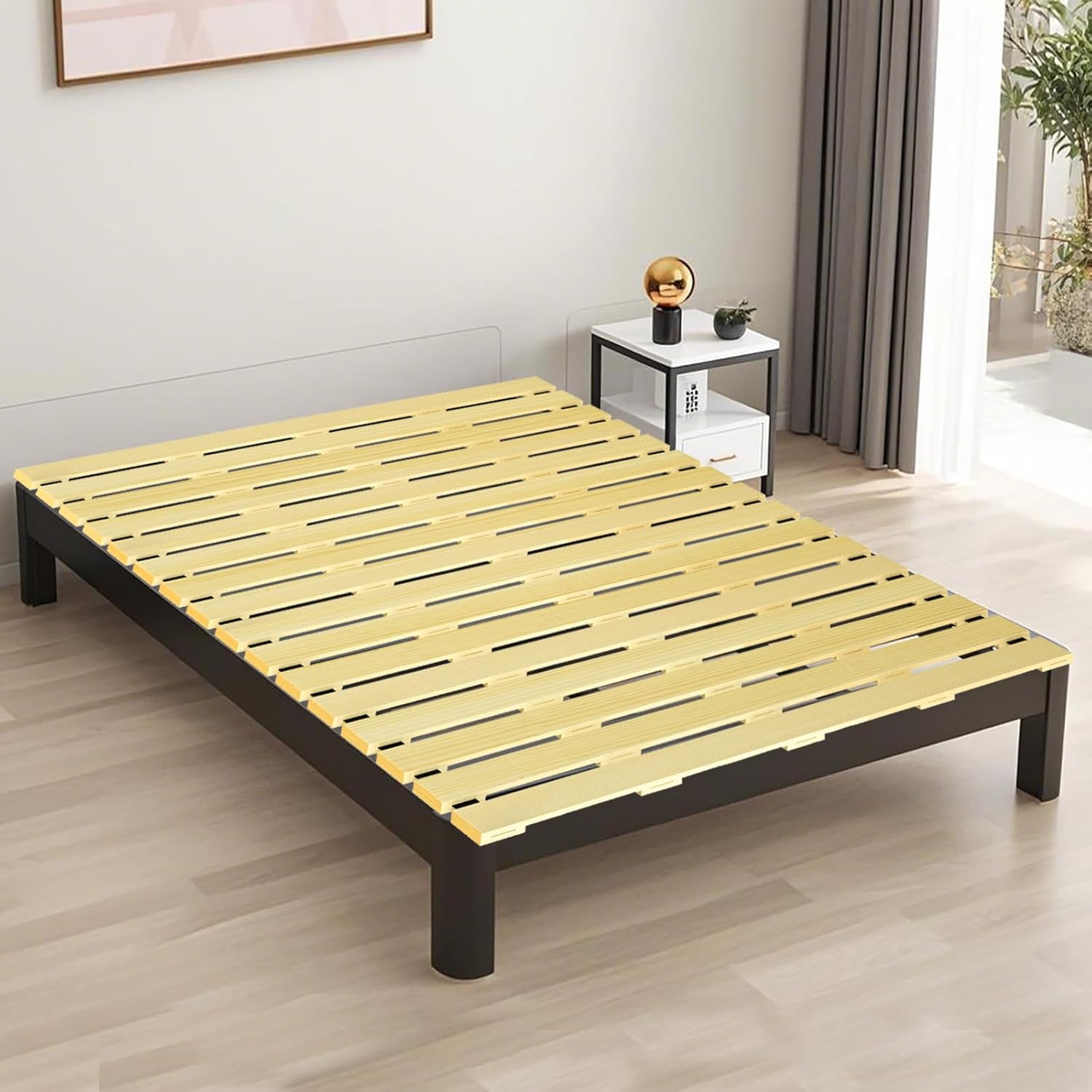 Japanese Tatami Mat Floor Bed, Knotless Solid Wood, Roll-Up Slatted Bed Plate with 2 Storage Straps, Moisture-Proof and Breathable for Floor Sleeping or Futon Mattress, Queen