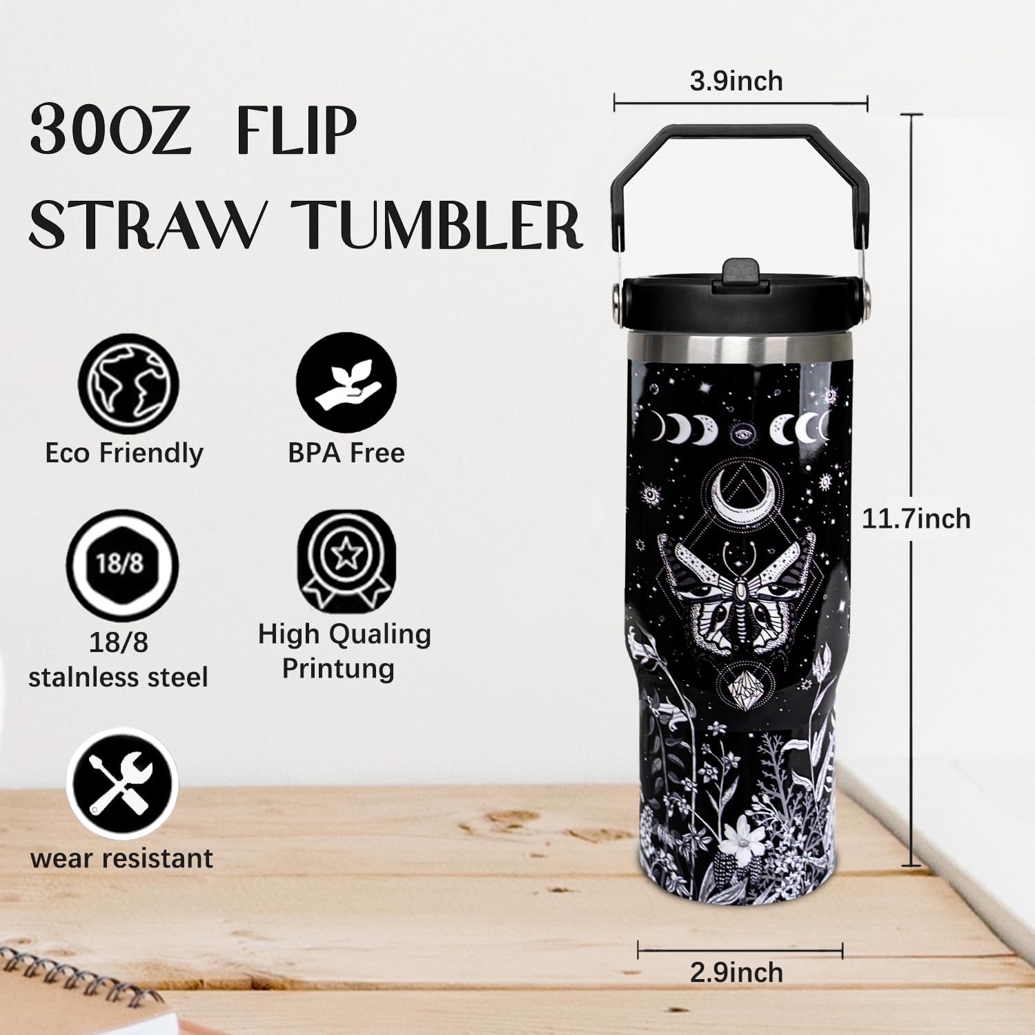 30oz Goth Tumbler with Handle and Straw, Sun and Moon Cup Gothic Butterfly Insulated Leak Proof Travel Coffee Mug, Witchy Stuff, Reusable Stainless Steel Witch Tumbler - Image 6