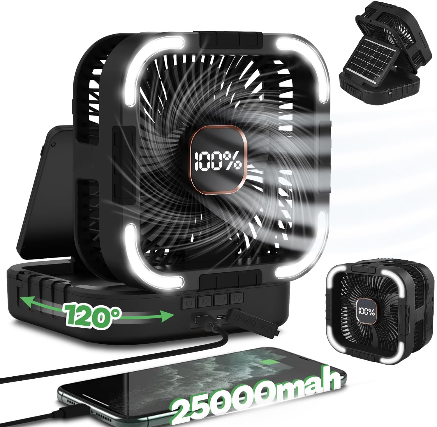 25000mah Camping Solar Fan, 120° Oscillation Rechargeable Solar Powered Fan with LED Light, 6 Adjustable Speeds Battery Powered Portable Fans, USB-C Fans for Travel Tent Camping Accessories