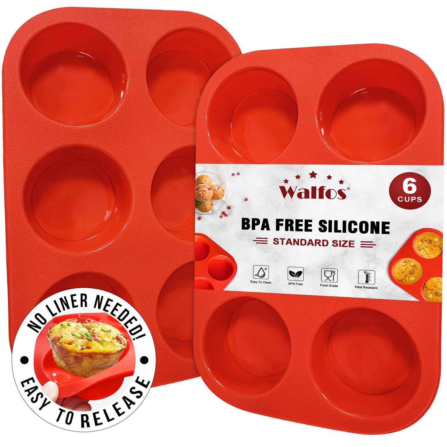 walfos Silikon-Muffinform – 6 Tassen, antihaftbeschichtete Silikon-Cupcake-Form, einfach herausdrücken. Lebensmittelechte und BPA-freie Backförmchen, perfekt für Eier-Muffins, Cupcakes,