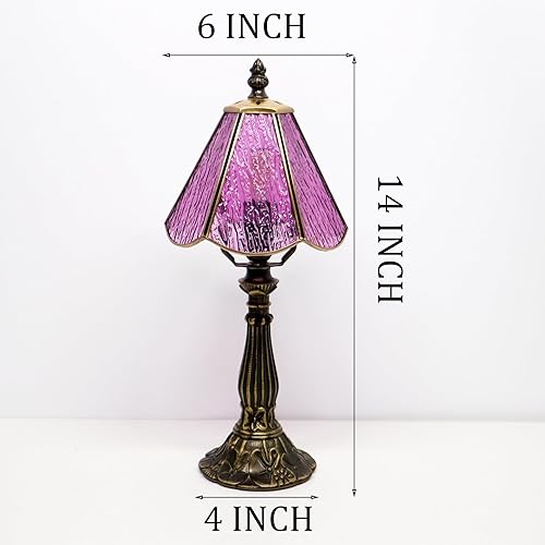Miniatura 2 de Small Tiffany Table Lamp Purple Bark Pattern Style Stained Glass Desk Lamps 6X6X14 Inch Bronze Resin Base Antique Mini Accent Light