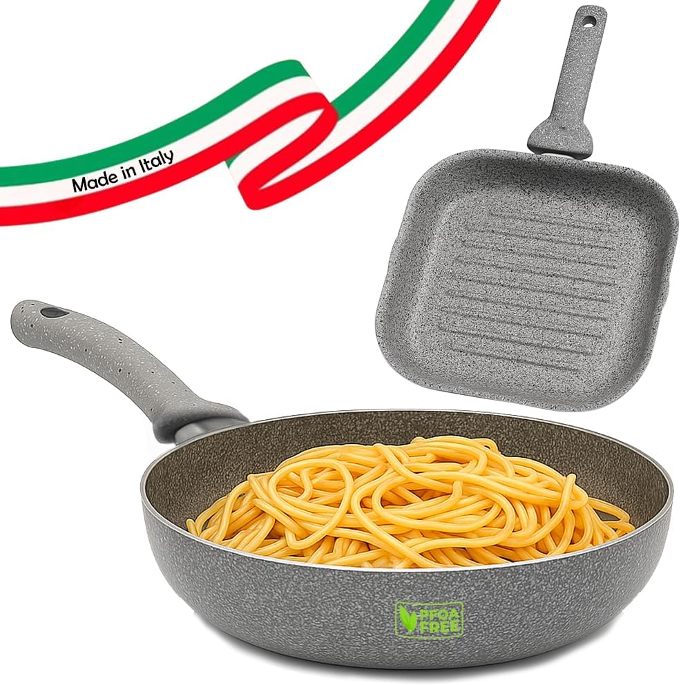 BAKAJI Set of 32 cm Frying Pan and Grill Pan 24 x 24 cm Stone Effect Non-Stick Coating PFOA Free Thermal Insulated Cool Touch Handle Ideal for Gas Hobs Homogeneous Cooking Made in Italy