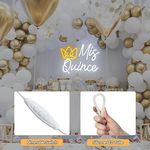 Miniatura 5 de Letrero de neón con texto en inglés "Mis Quinceañera" con corona, luz de neón regulable Mis Xv, decoración de quinceañera de 15 años para fiesta de