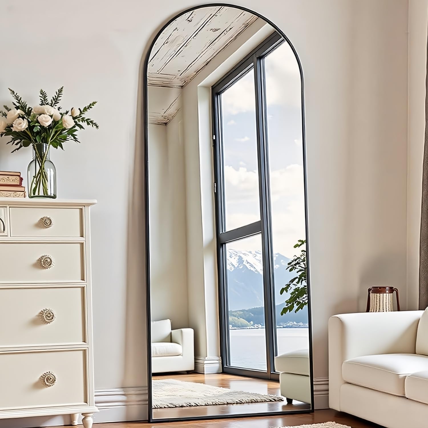 Floor Mirror Arched Full Length Mirrors, Mirror Full Length Standing Hanging or Leaning Against Wall, 59"x18" Large Full Body and Wall Mounted Mirror for Bedroom Living Room, Black