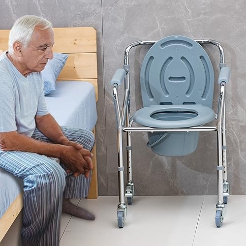 Miniatura 6 de Silla de mesita de noche con ruedas, marco de acero resistente, inodoros portátiles para ancianos con altura ajustable, cómodos de noche para