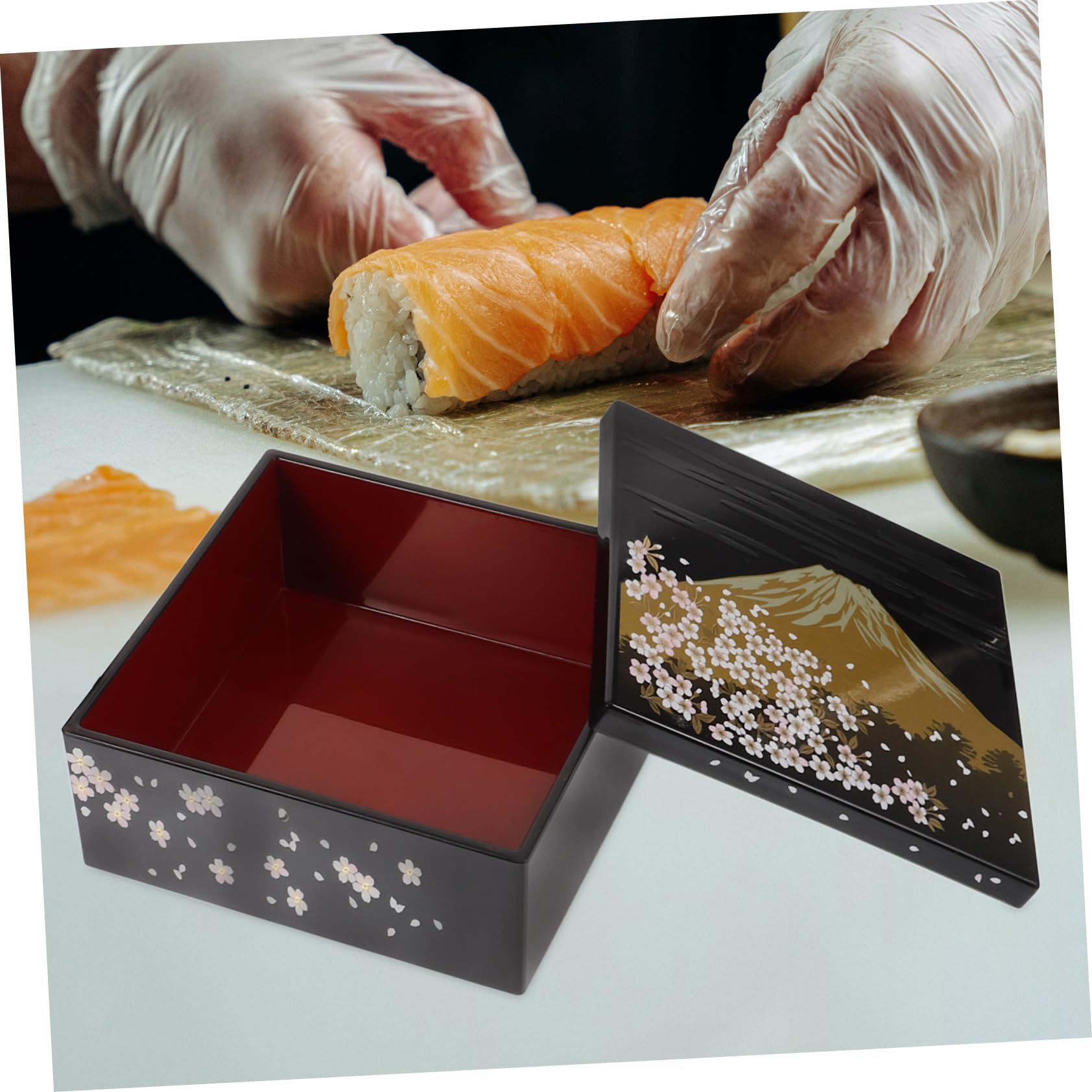 Boîte à Bento Japonaise 3 Couches Motif Mont Fuji, Plastique Noir, Réutilisable pour Sushi et Snacks, pour Repas en Famille