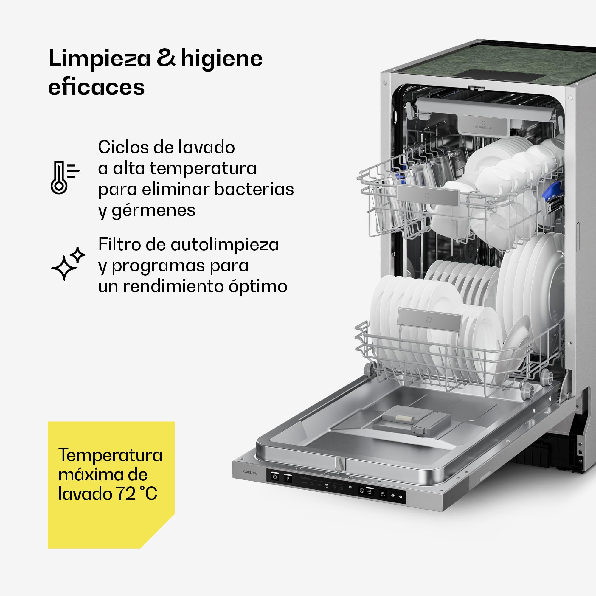 Klarstein Velaire Lavavajillas Integrable 45cm - 10 Cubiertos, 6 Programas, 42 dB, Clase B, AquaStop, Panelable, Totalmente Integrado, Acero Inoxidable