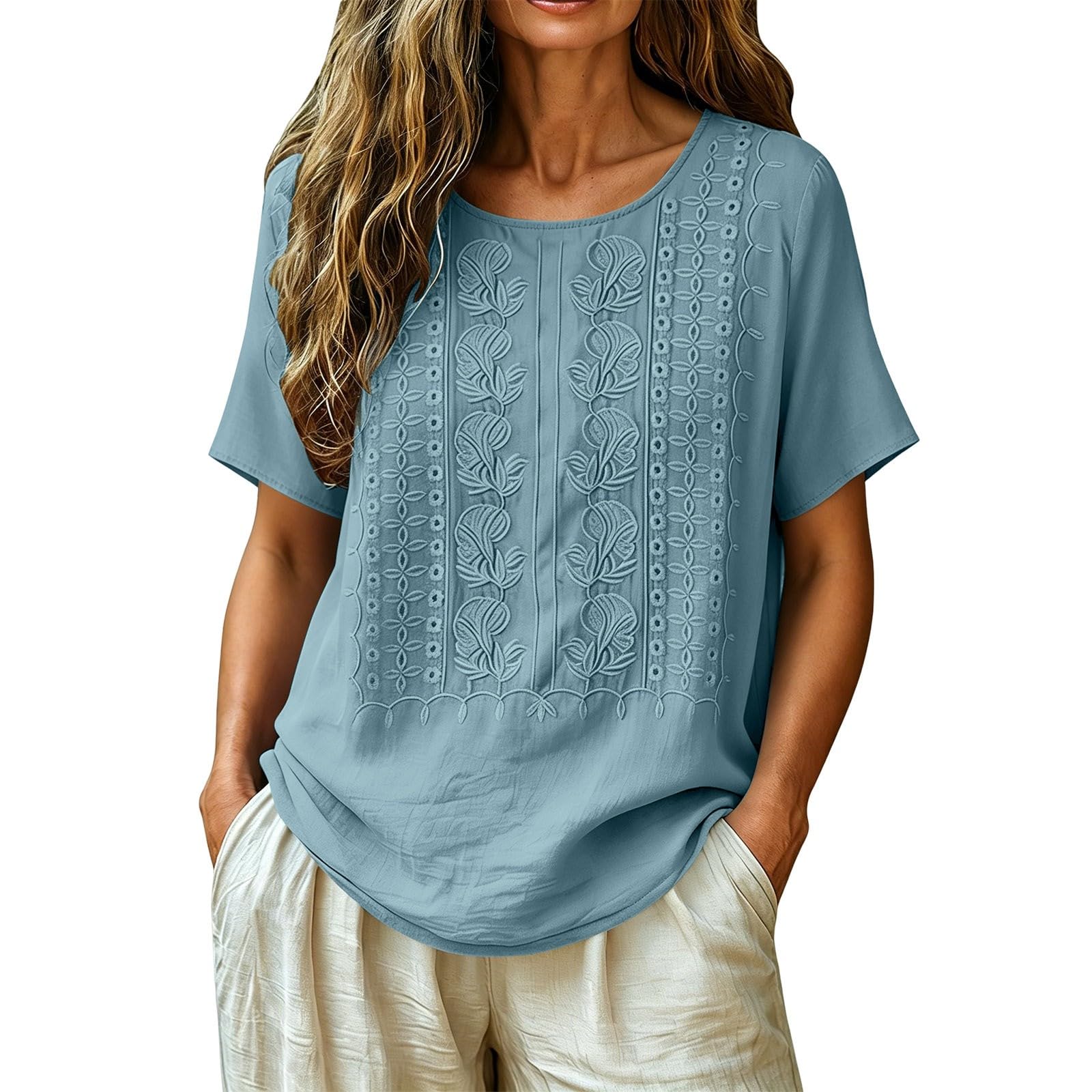 Generico Blusa Estiva Donna, Maniche Corte, Girocollo, Ricamo Traforato Decorativo per Outfit da Weekend (Azzurro 3X)