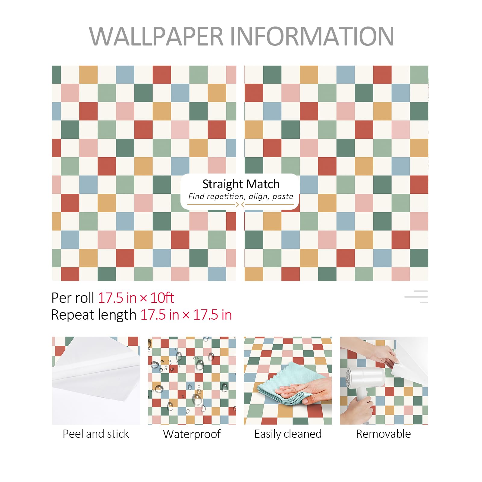 ReWallpaper Papel pintado geométrico vintage a cuadros de 17.5 x 23 pies