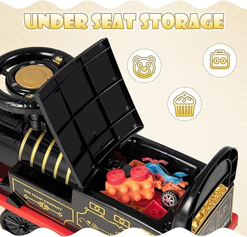 Vista 29 de OLAKIDS Tren de paseo para niños con pista, juguete eléctrico de 6 V con luces y sonidos, reposapiés retráctil, almacenamiento debajo del asiento