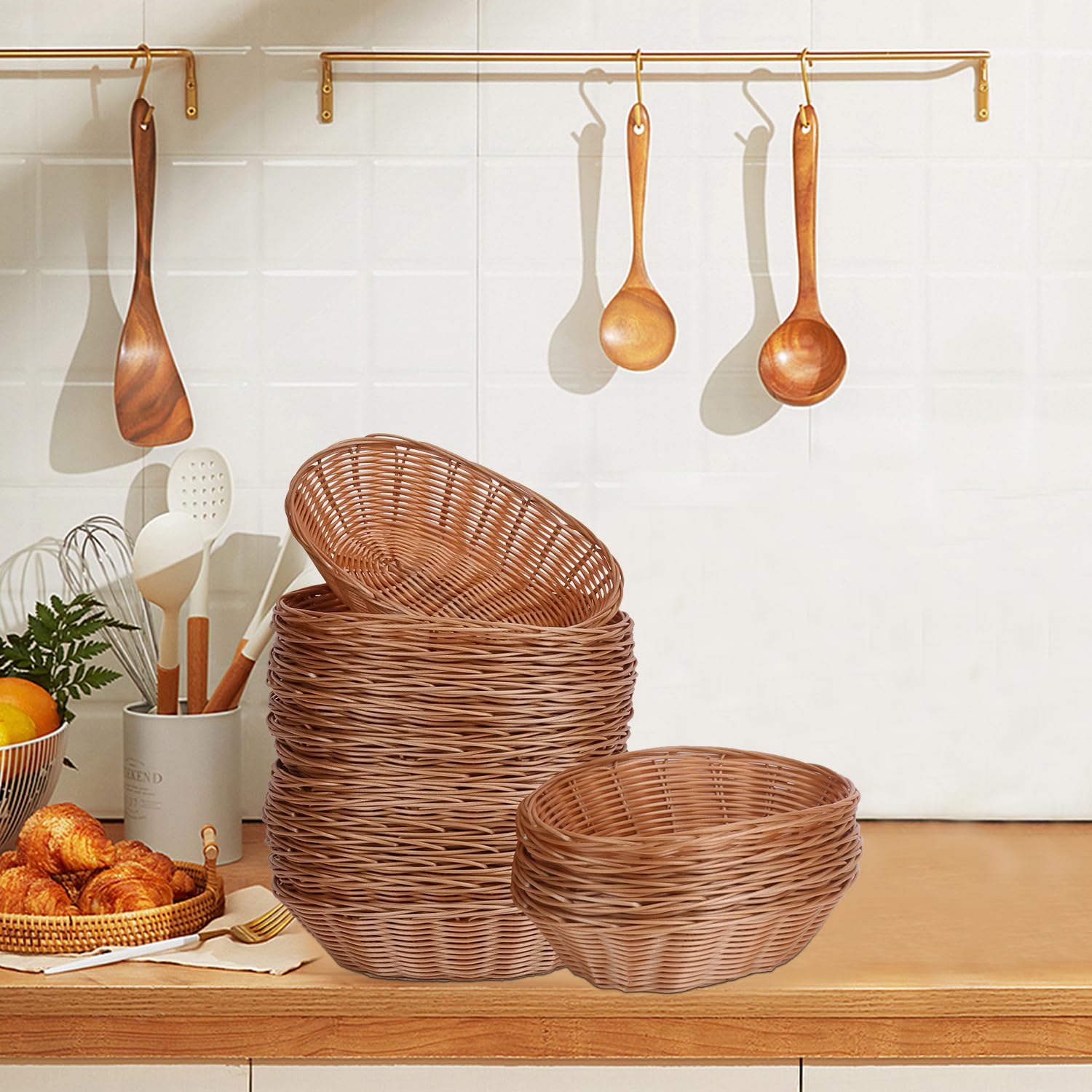 Paquete de 22 cestas ovaladas de mimbre de 9 pulgadas, cesta tejida para servir, cestas de frutas de mimbre para mesa, restaurantes, cocina, fiesta (9.06 x 5.91 x 2.56 pulgadas)
