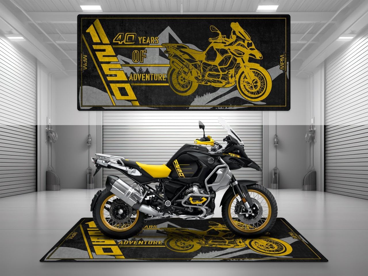 MPM Motorcycle Mat for R1250GS Washable Non - Slip Oil & Water Resistant Parking Pitmat for Garage, Showroom, Workshop Use | Rally - Size 1: 86.6 x 39.4/220 x 100 cm