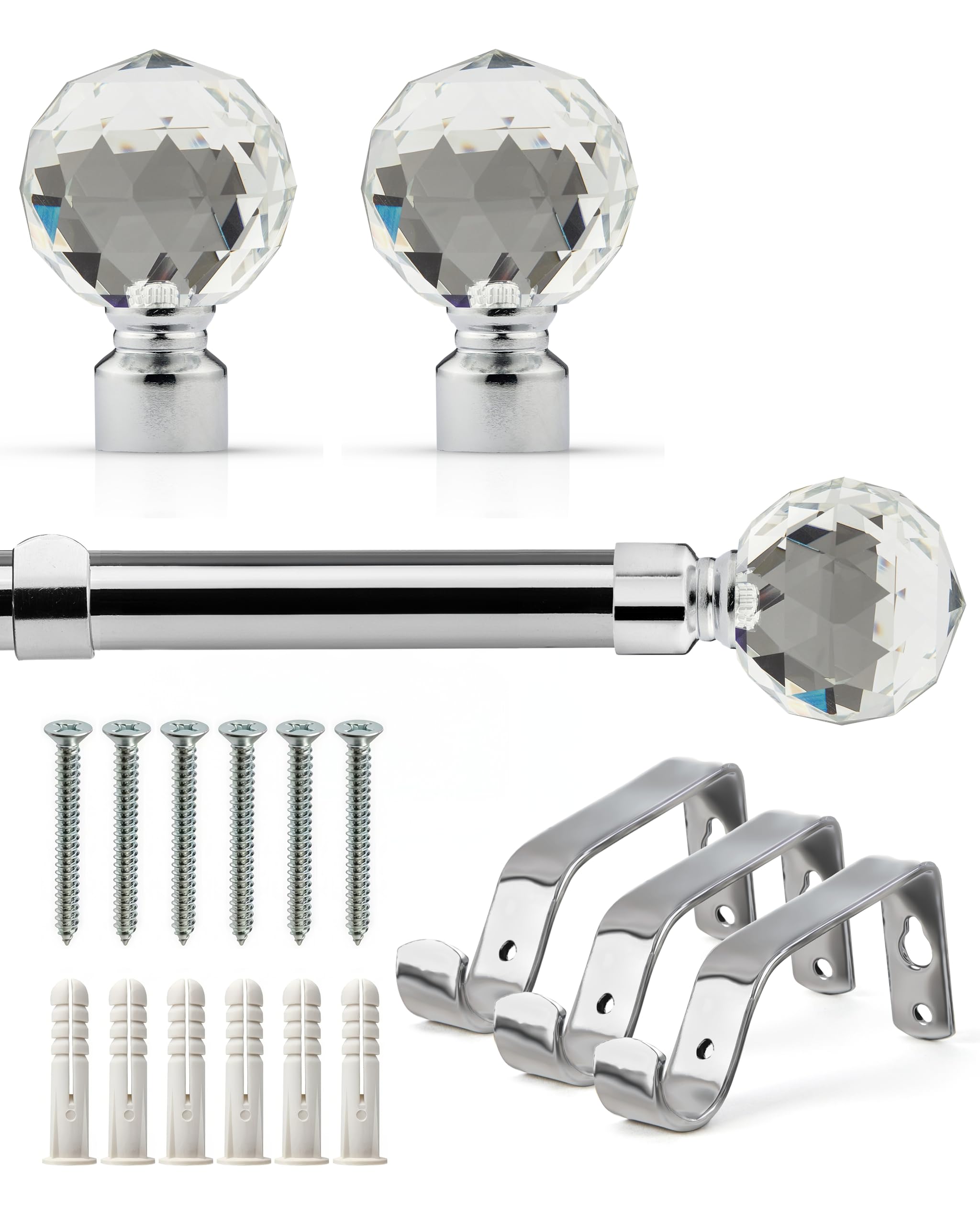 Emma Barclay, Crystal - Extendable Curtain Pole with pair of end finials in Chrome - 1.6-3m