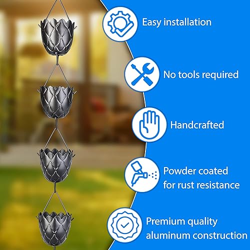 Miniatura 6 de Cadena de lluvia de 8.5 pies de longitud - Recambio funcional y decorativo para canaletas - Colector de canaletas de cadena de lluvia - Desviador de