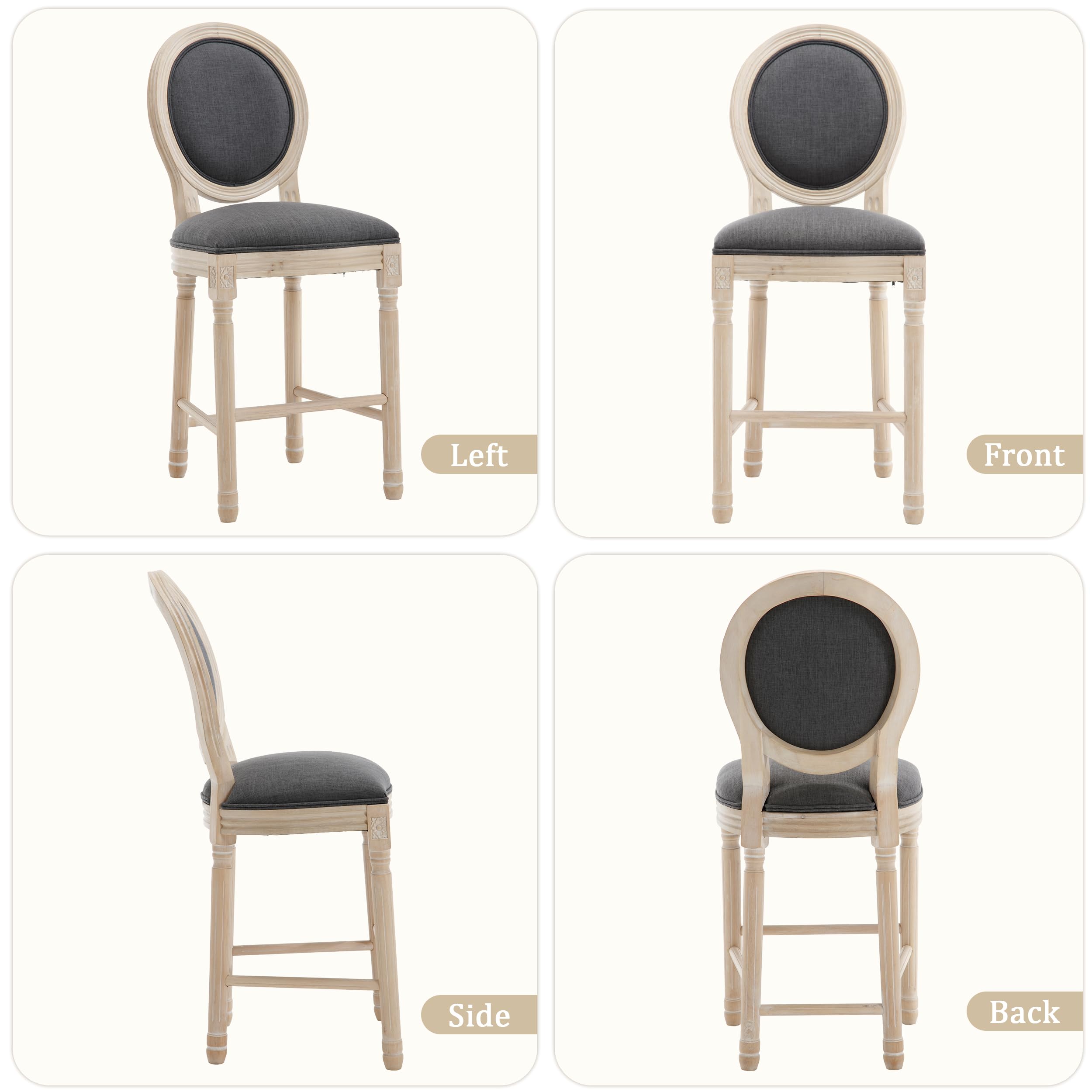 Zestaw 4 stołków barowych French Country 66 cm, lite drewno z tapicerowanym spodem, ciemnoszare poduszki – idealne do dekoracji kuchni i jadalni
