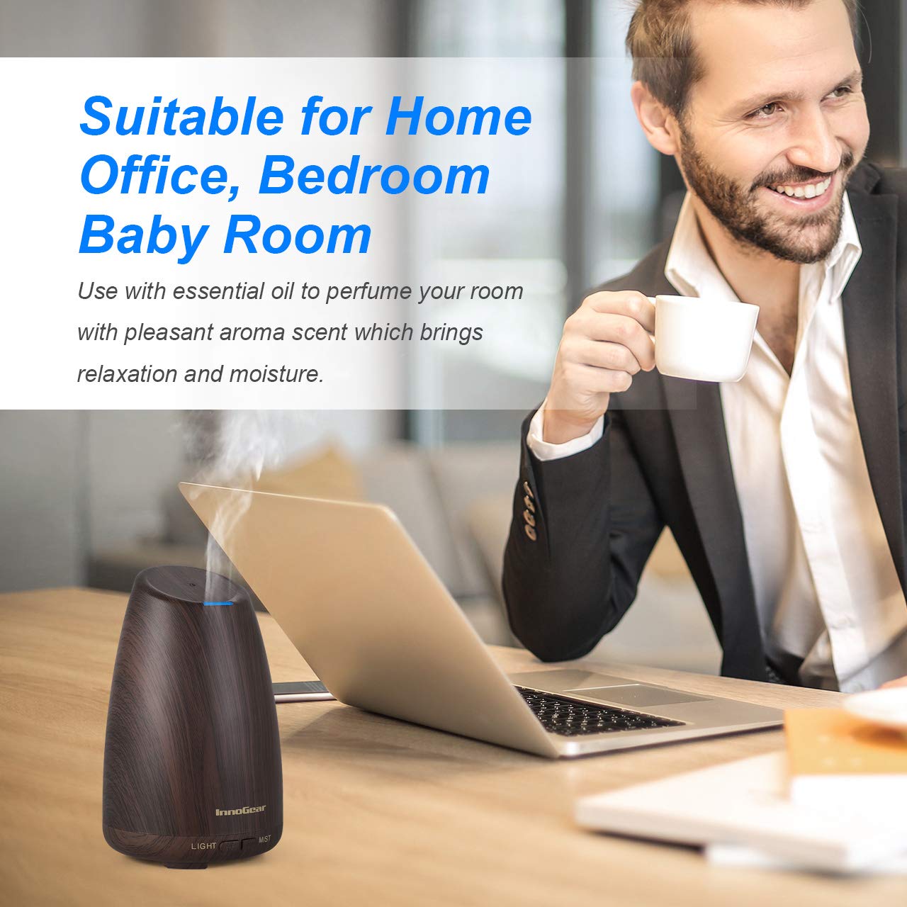 InnoGear 150ml Aromatherapy Essential Oil Diffuser Ultrasonic Portable Cool Mist Aroma Room Freshener with Waterless Auto Shut-Off Function, Dark