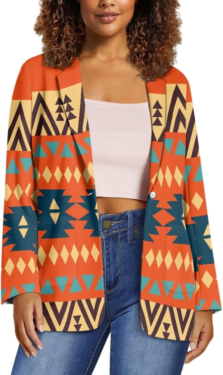 Aztec Southwest American Tribal Women's Blazer Long Sleeve Blazer Jackets with Pockets One Button Dress Blazer