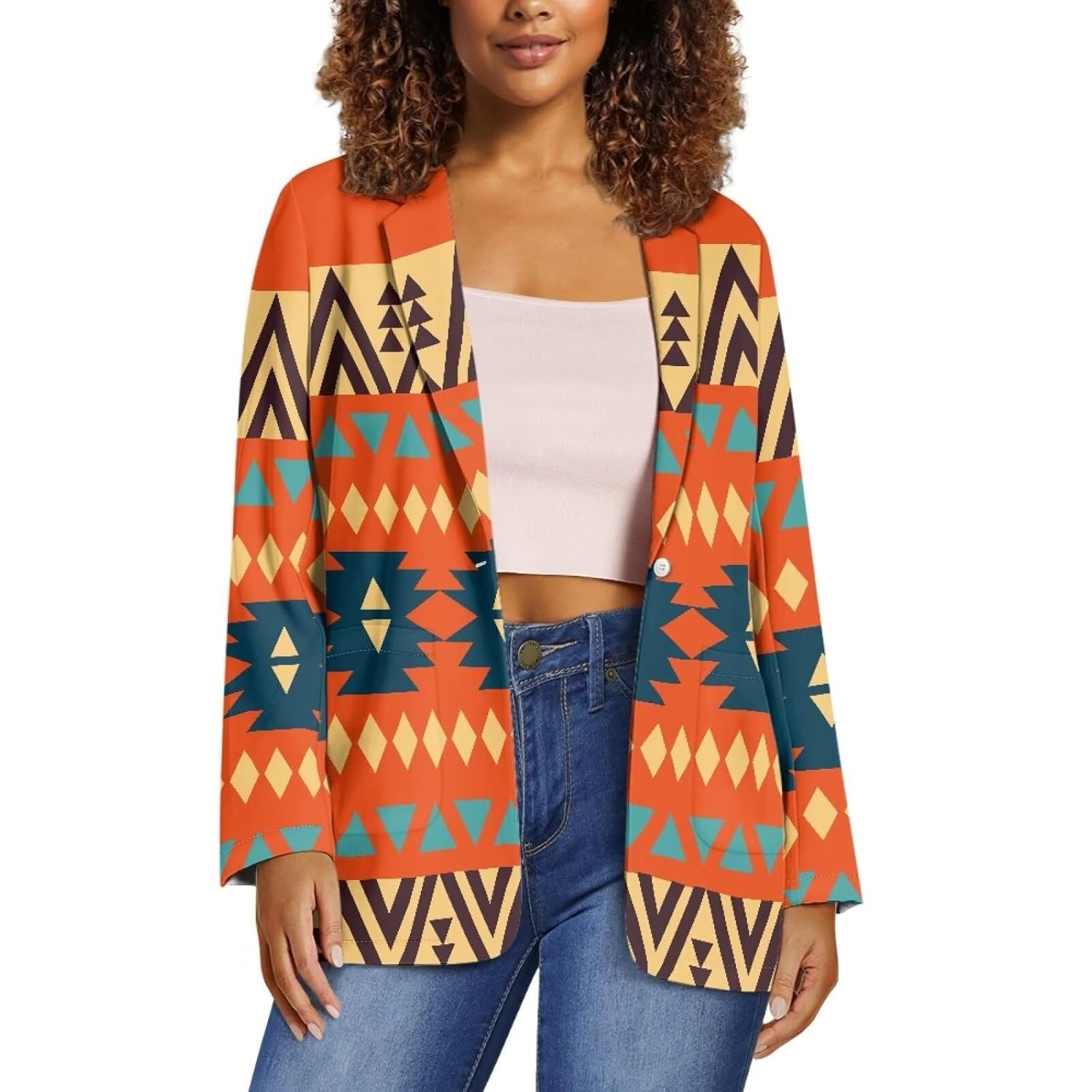 Aztec Southwest American Tribal Womens Blazer Long Sleeve Blazer Jackets with Pockets One Button Dress Blazer