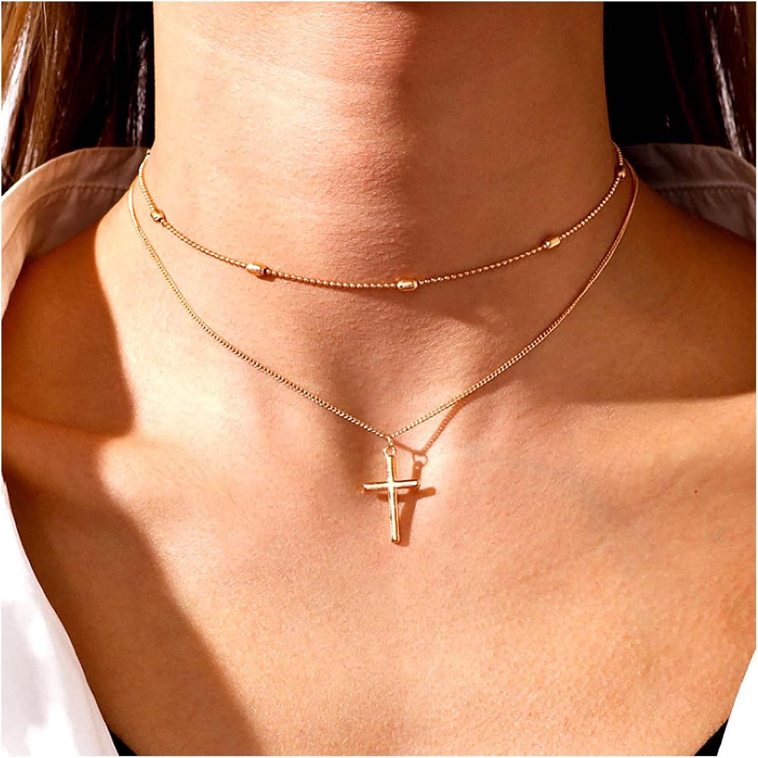 Inilbran Boho Cross Pendant Necklace Chain Layered Jesus Cross Necklace Choker Gold Cross Chain