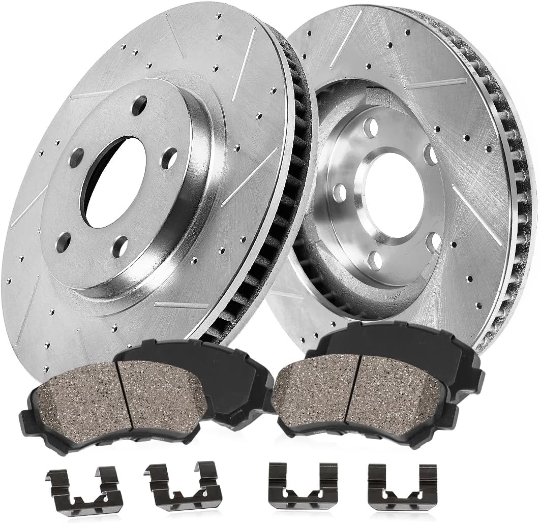 Callahan Brake Parts Front Brake Kit For Pontiac Vibe 2009-10 |Scion xD 2008-14 |Toyota Corolla 2009-19 |Matrix 2009-13 - Drilled & Slotted Disc Rotors with Ceramic Brake Pads + Hardware, EBYK015438