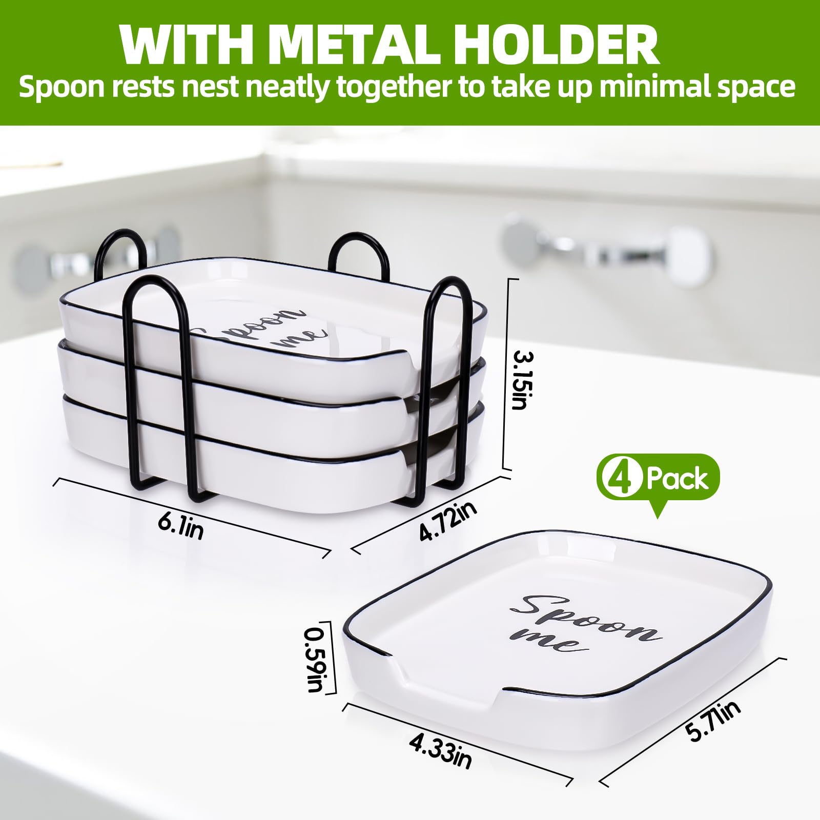 4-Pack Durable White Ceramic Spoon Rests with Metal Holder for Stove Top, Heat-Resistant Cooking utensils Rest, Large Spoon Holder for Kitchen Counter, Modern Farmhouse Kitchen Décor