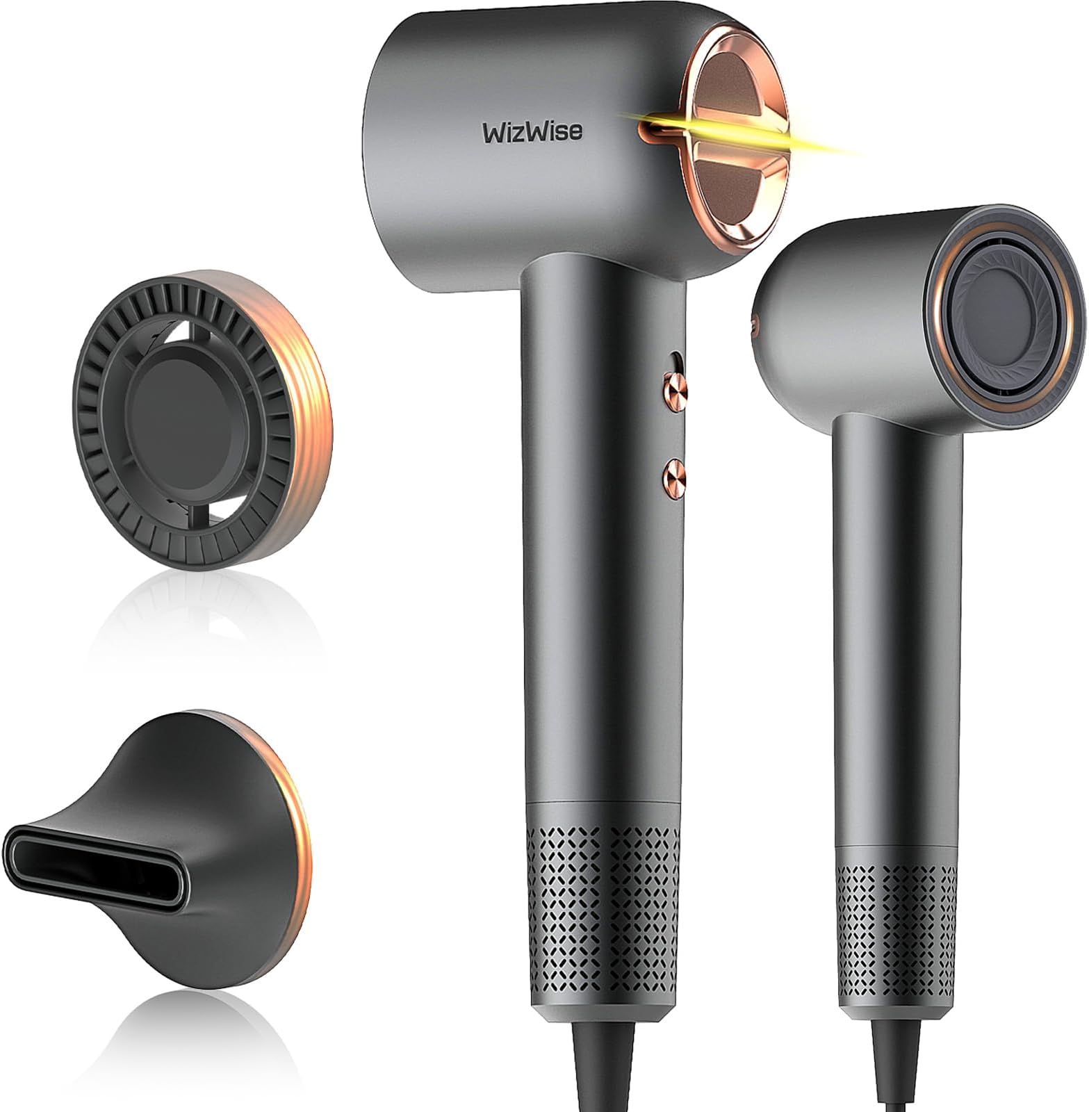 Wizwise Hair Dryer, Ionic Blow Dryer with Smoothing Nozzle, 1500W Hair Blow Dryer with 110,000RPM Fast Dry, 4 Temps&2 Speeds, 2 Accessories for Curls, Dark Gray