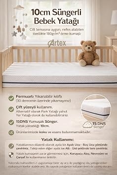 Artex 10Cm Süngerli Bebek Çocuk Beşik Yatağı 70x110 Yıkanabilir Kılıflı Park Yatak Oyun Parkı