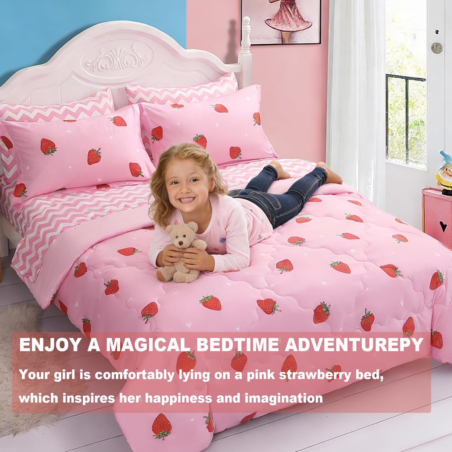 Strawberry Comforter Bedding Set Full Size for Girls 7 Piece Pink Kawaii Comforter Set Bed in A Bag for Kids Teens All Season (1 Comforter,1 Flat Sheet,1 Fitted Sheet and 4 Pillow Sham) - Image 4