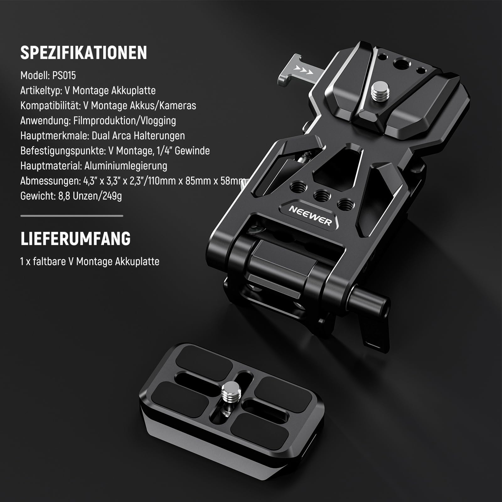 Neewer Faltbare V-Halterung Batterieplatte mit Arca-Typ-Kamera-Grundplatte für RS4 RS3 Gimbal & Stativ – Bild 9