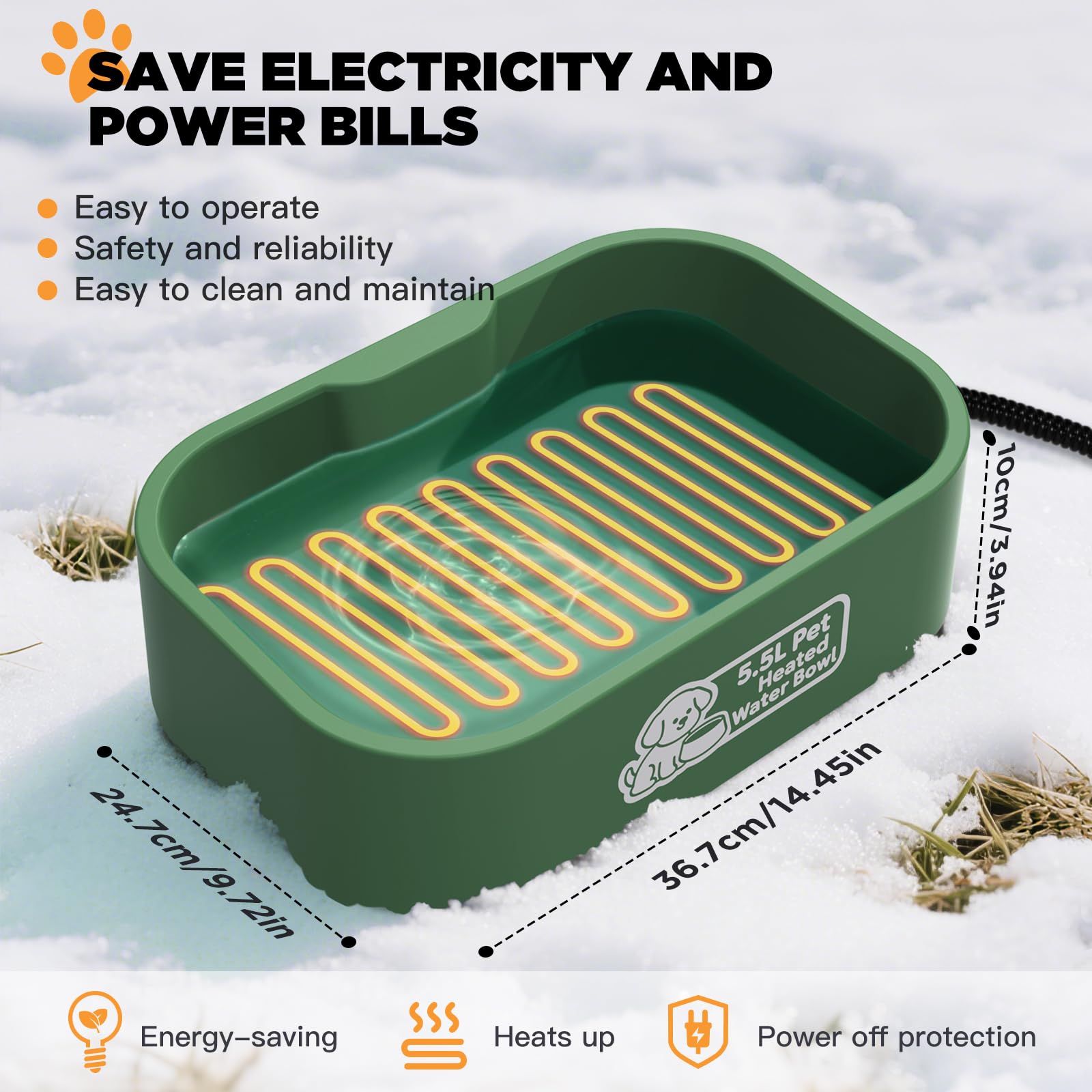 IPOW Cuenco de agua con calefacción para mascotas, rectangular extra grande de 5.5 L, duradero, para exteriores, con cable antimasticación, mantiene el agua caliente a 25.0-35.0 °C para gatos y perros