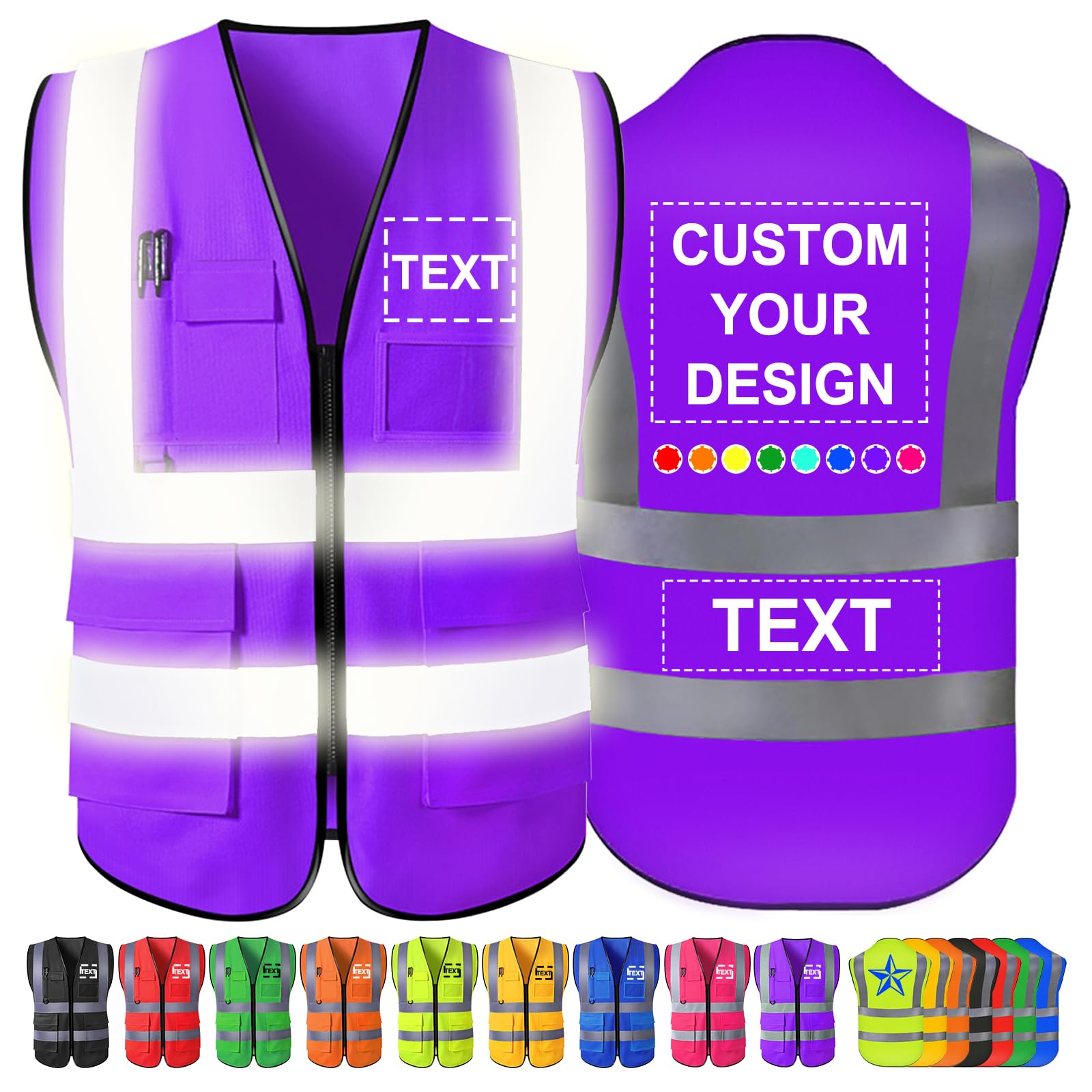 Custom Safety Vest Men Women High Visibility Reflective Personalised Logo Hi Vis Vests Pockets Zipper Construction Work,S-5XL