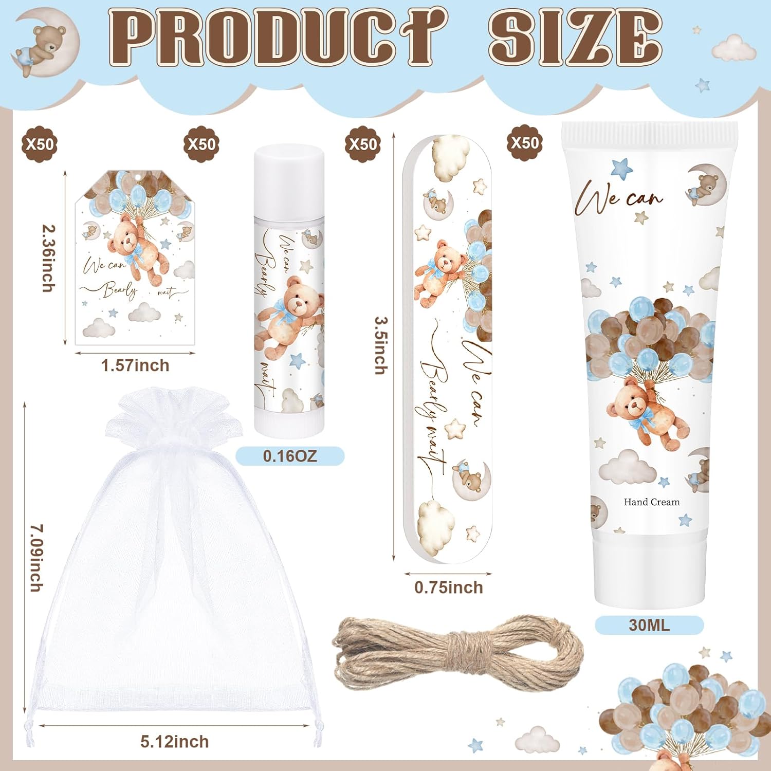 50 Sets We Can Bearly Wait Bear Baby Shower Favors Game Prize Party Gifts Bulk Hand Cream Lip Balm Nail File Gift Set Bear Boy Girl Baby Shower Gender Reveal Decoration Souvenir for Winner Guests