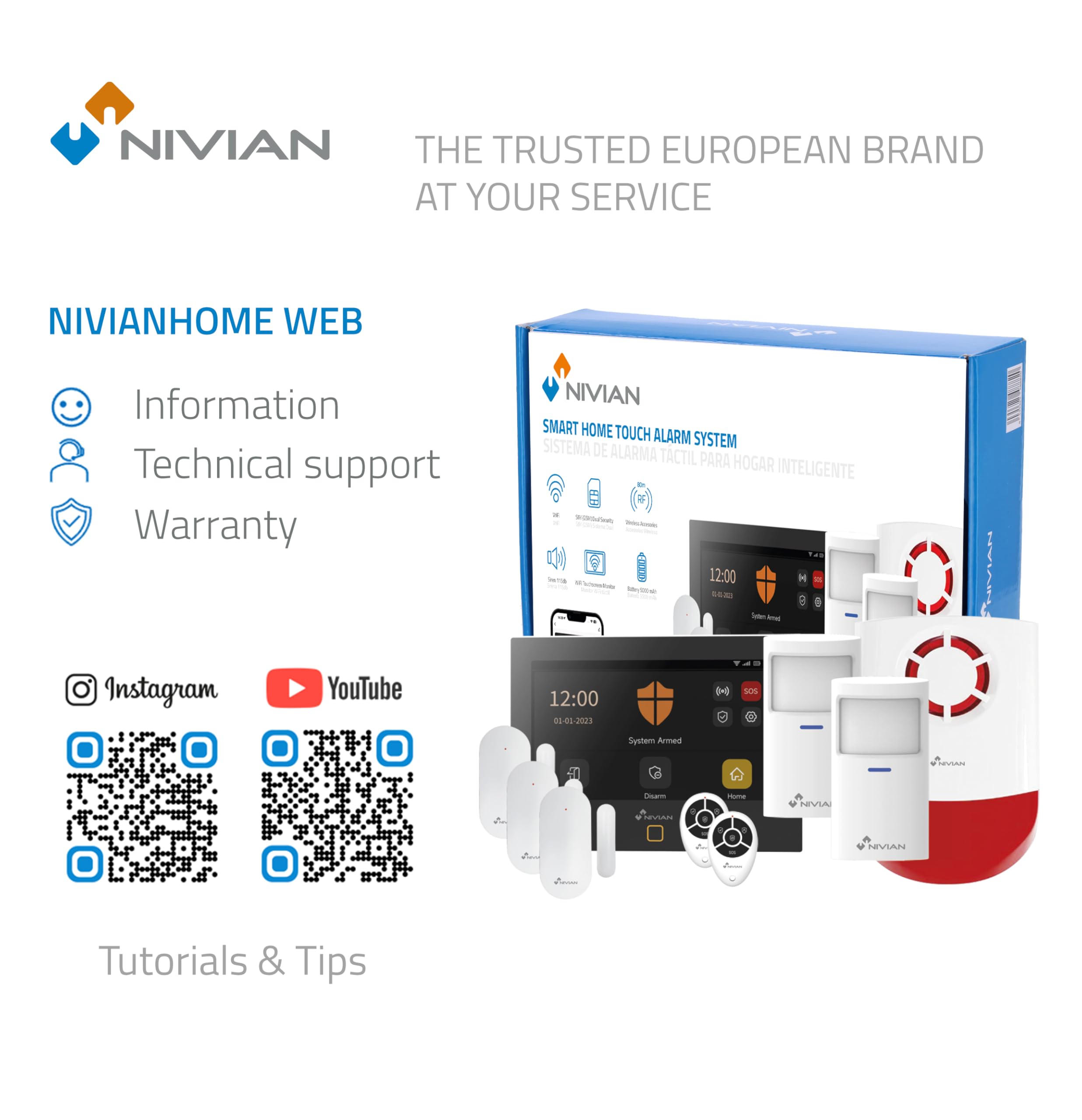 NIVIAN - Sistema de Alarma WiFi + gsm para Casa o Negocio | Control Desde App + SIM (SMS y Llamadas) | Kit Completo con Sirena, Sensores y Mando a Distancia | Anti sabotaje, Multiusuario