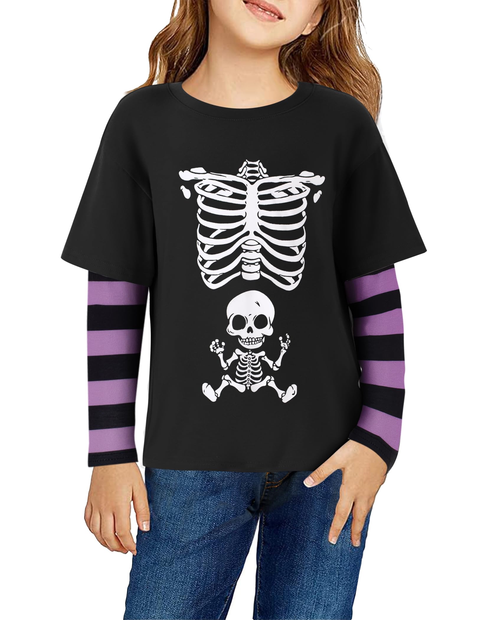 Arshiner Girls Christmas Halloween Long Sleeve Shirts Graphic Stripe Plaid Patchwork Top Tee