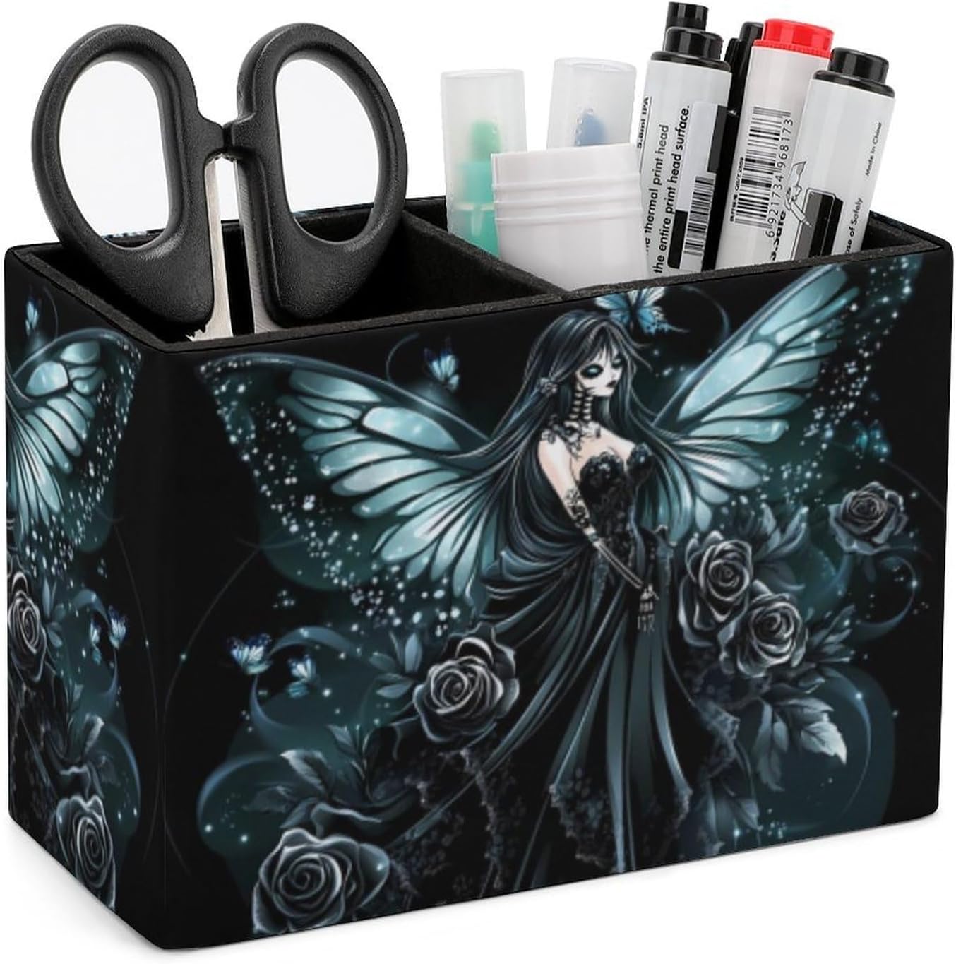 Goth Roses Butterfly Skeleton Fairy Pencil Pen Holder PU Leather Desk Storage Organizer Makeup Brush Box