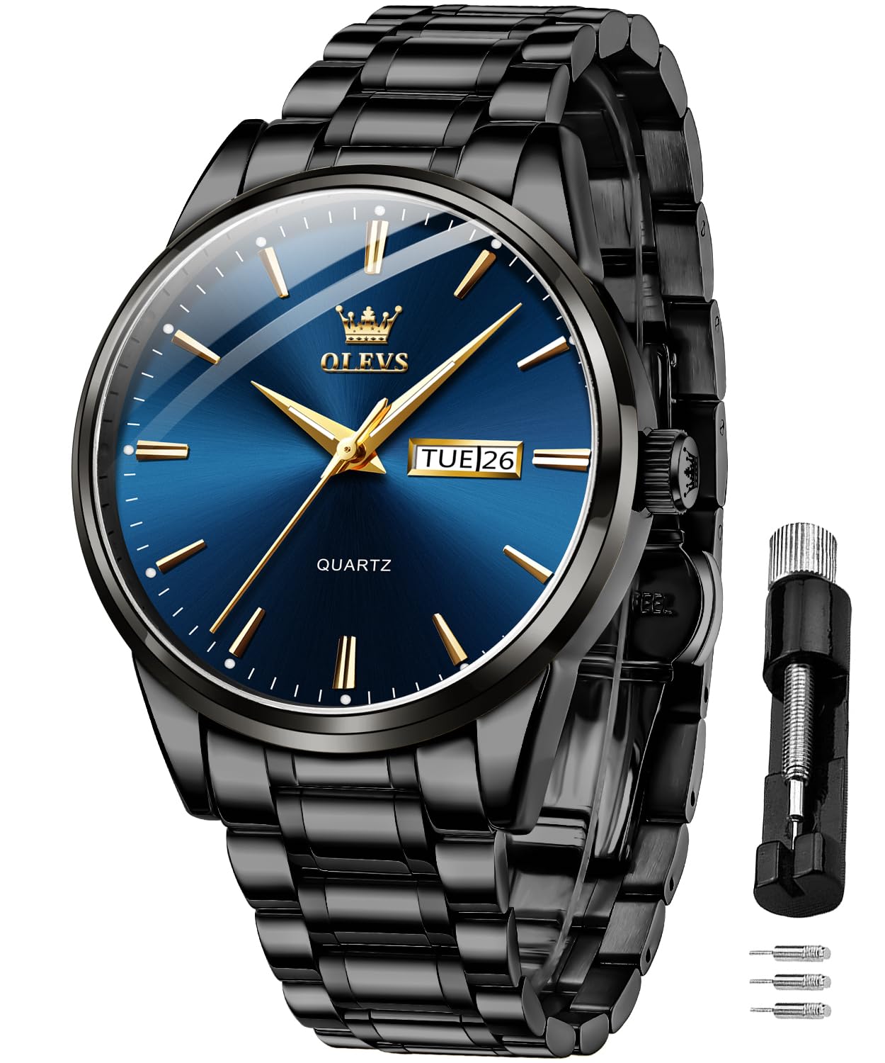 OLEVS Herrenuhren Goldene Schwarz Edelstahlarmband Quarz Uhr Männer mit Datum Wasserdicht Leuchtende Klassische Elegantes Armbanduhr Geschenk