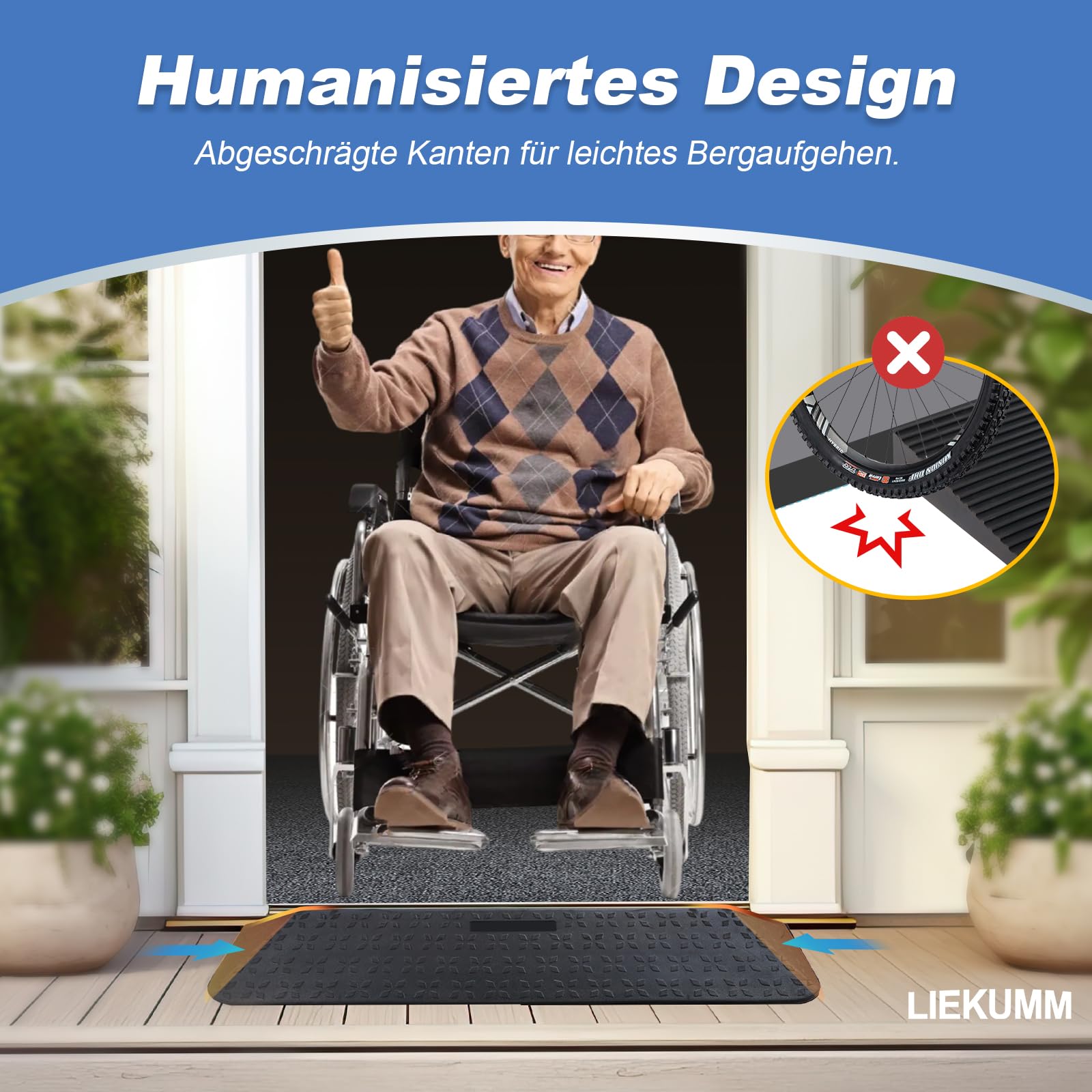 LIEKUMM Gummi Türschwellenrampe 2,5 cm Höhe, rutschfeste Rollstuhlrampe mit Polarstern-Muster, 1000 kg Tragkraft Rollstuhlrampe für Türöffnungen, Stufen, Bordsteine, Scooter, Kinderwagen, Motorrad