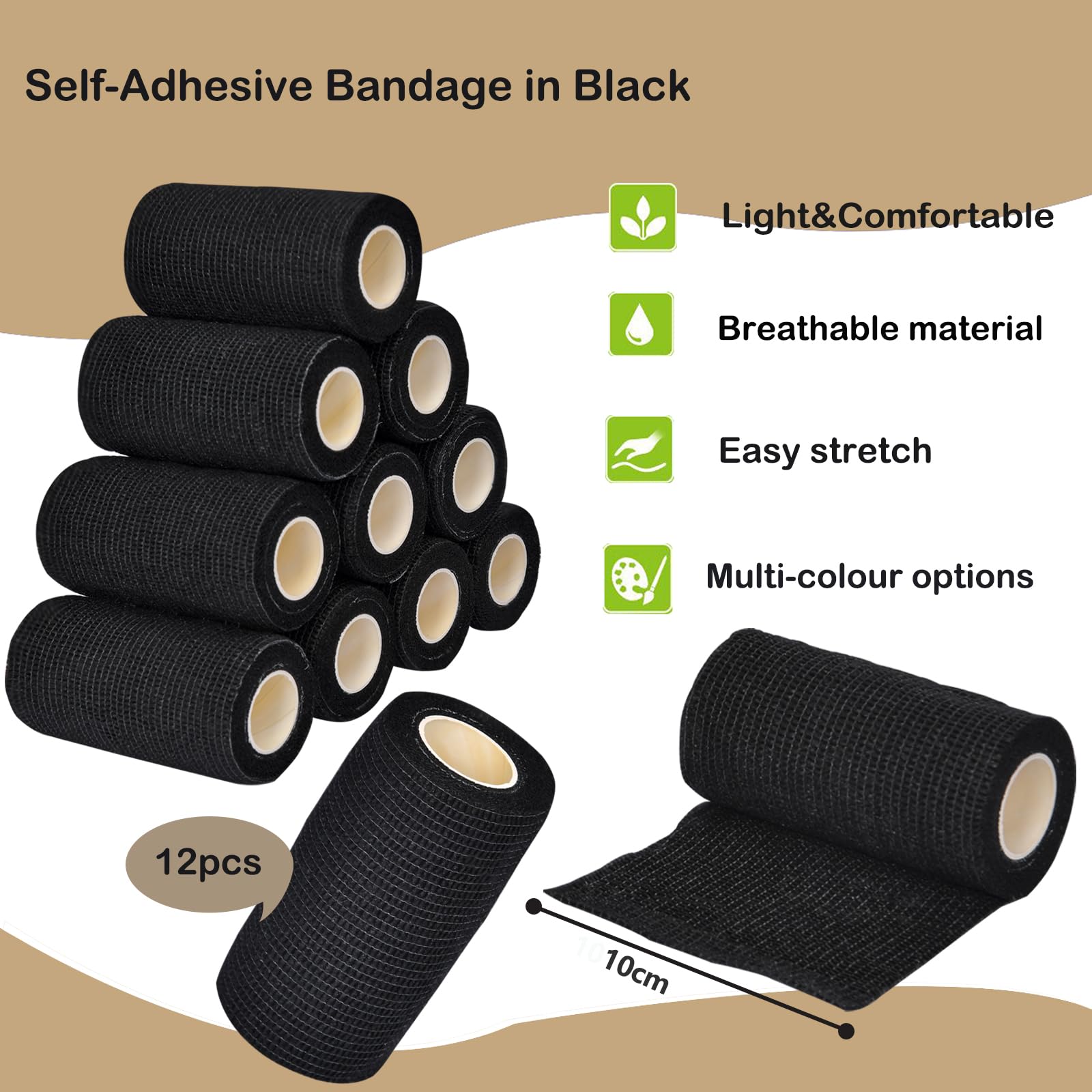 12 Rotoli Benda Elastica Autoadesiva, Traspirante Bendaggio Coesivo,Bendaggio per Animali Domestici Garza Autoadesiva Bende Motivo a Wrap Tape per Piedi,Braccia(Nero 10cm x 4.5m)