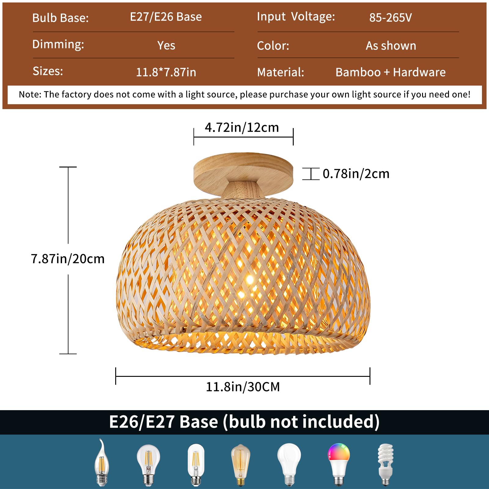 Mikeru 30cm Vintage Handmade Woven Ceiling Light, LED Natural Bamboo Pendant Light - Image 2