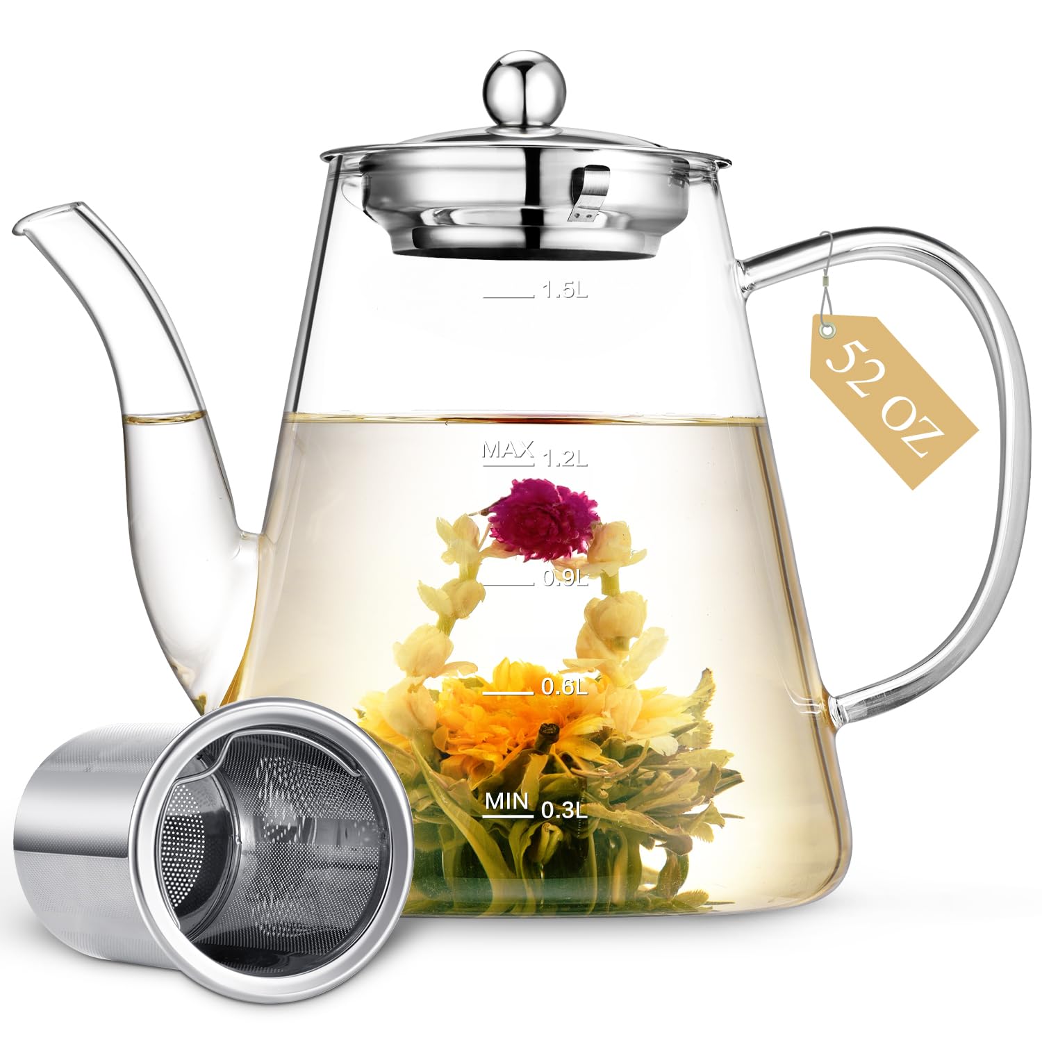1500ml Glass Teapot, Large Tea Pot with Infuser for Loose Tea and Blooming Tea, Stovetop Safe Tea Kettle with Removable Strainer Hand Crafted Borosilicate Glass Tea Maker with Scale Line, Tea Gift Set